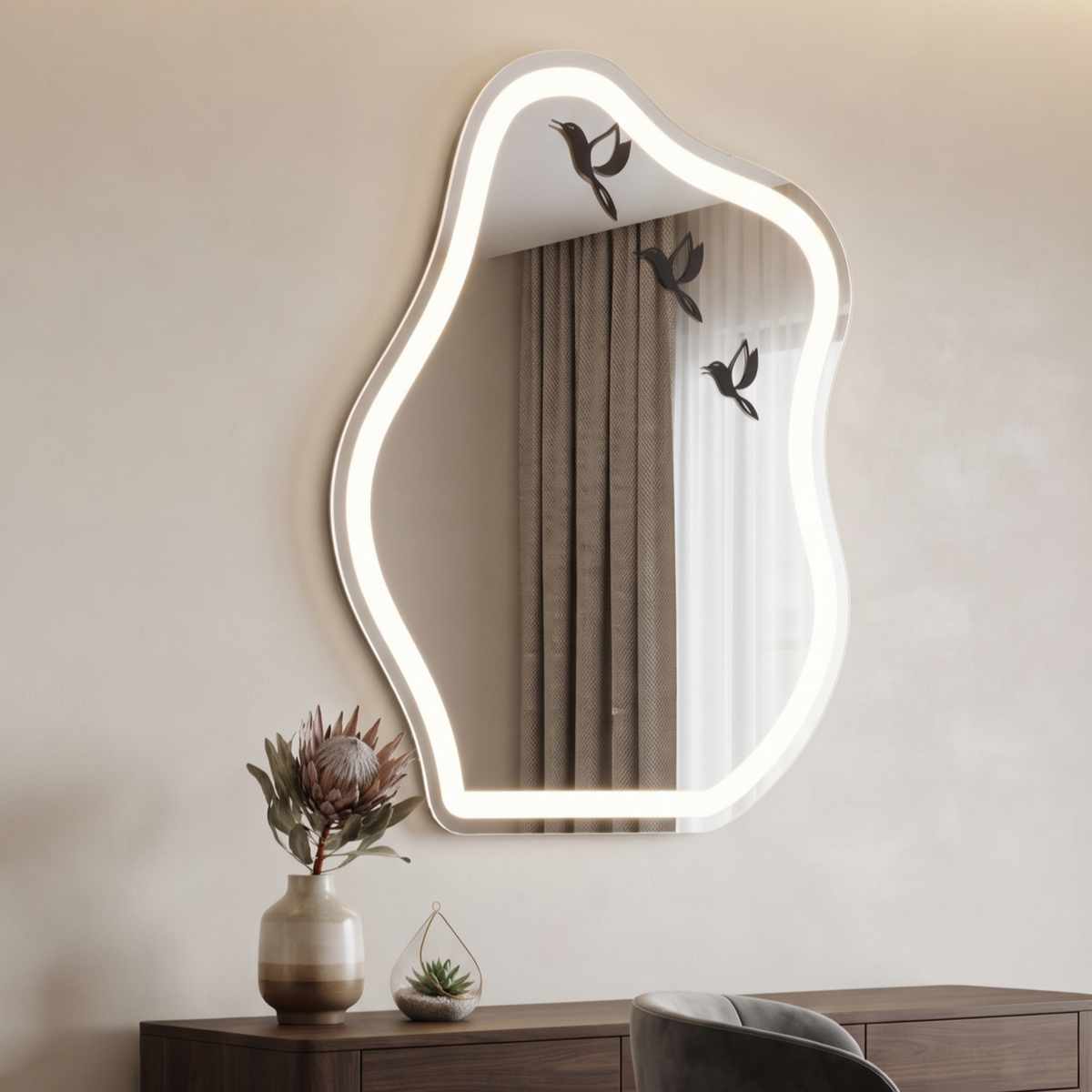 Asymmetric Organic Frameless LED Wall Mirror – Living Room and Dressing Area
