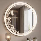 Decorative Round Frameless LED Wall Mirror with Floral & Butterfly Etching | Illuminated Vanity Mirror