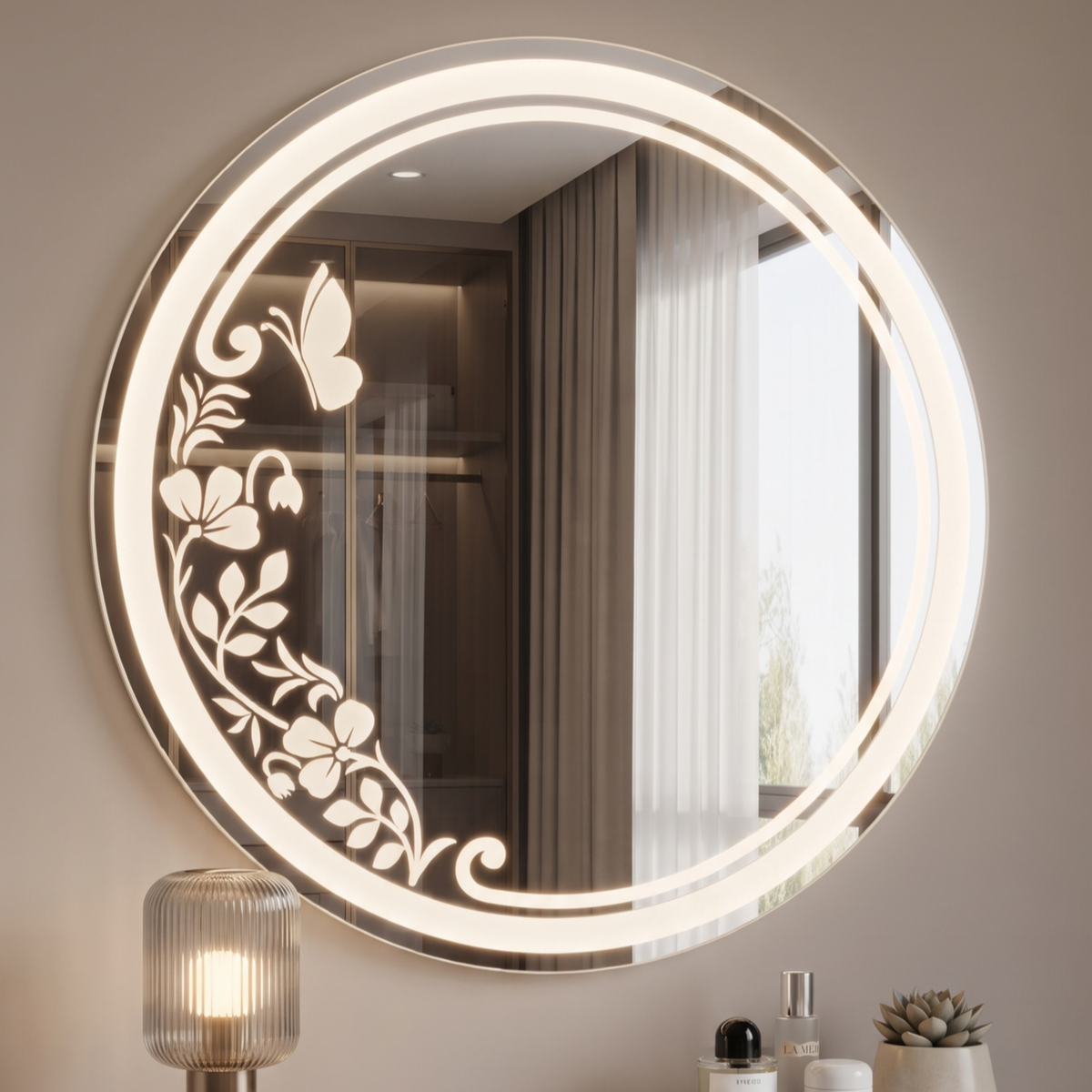 Decorative Round Frameless LED Wall Mirror with Floral & Butterfly Etching | Illuminated Vanity Mirror
