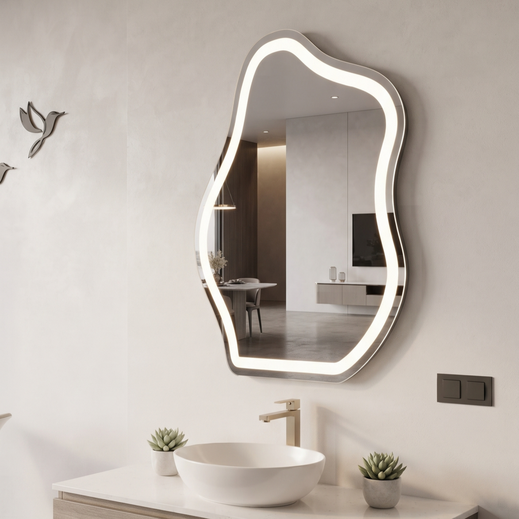 Asymmetric Organic Frameless LED Wall Mirror – Living Room and Dressing Area