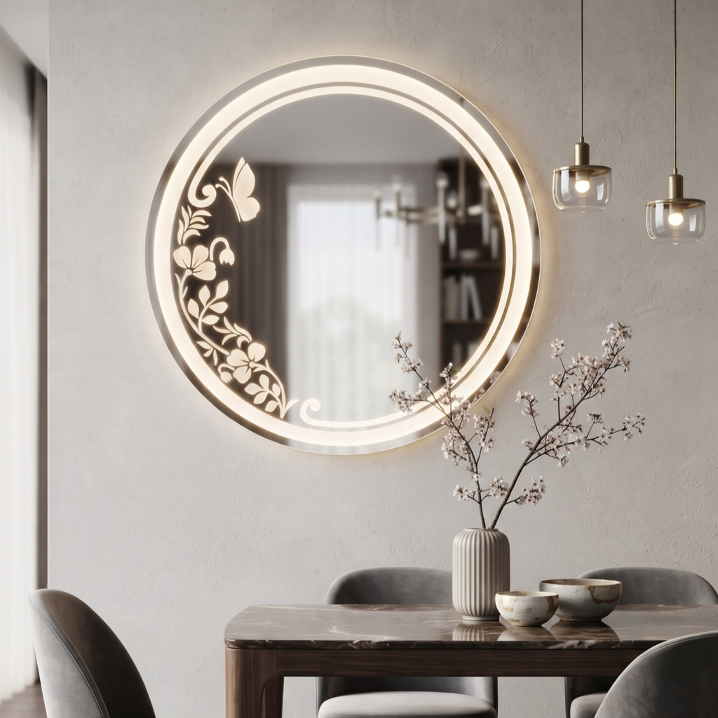 Decorative Round Frameless LED Wall Mirror with Floral & Butterfly Etching | Illuminated Vanity Mirror