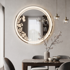 Decorative Round Frameless LED Wall Mirror with Floral & Butterfly Etching | Illuminated Vanity Mirror