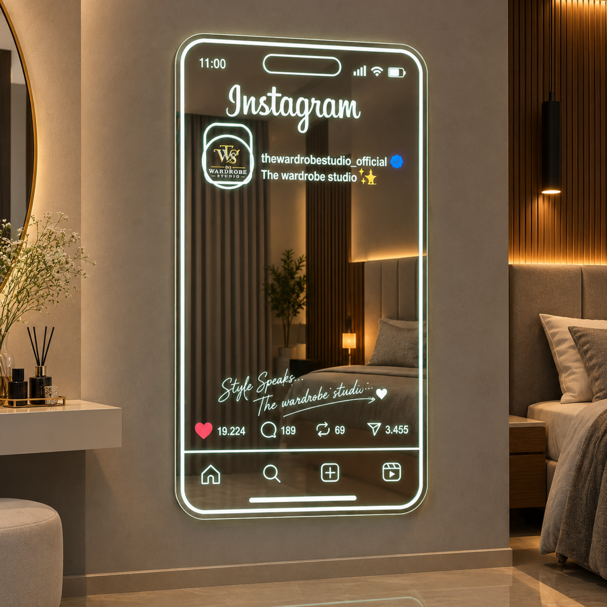Smartphone- Instagram Design LED Wall Mirror – Living Space , Studio