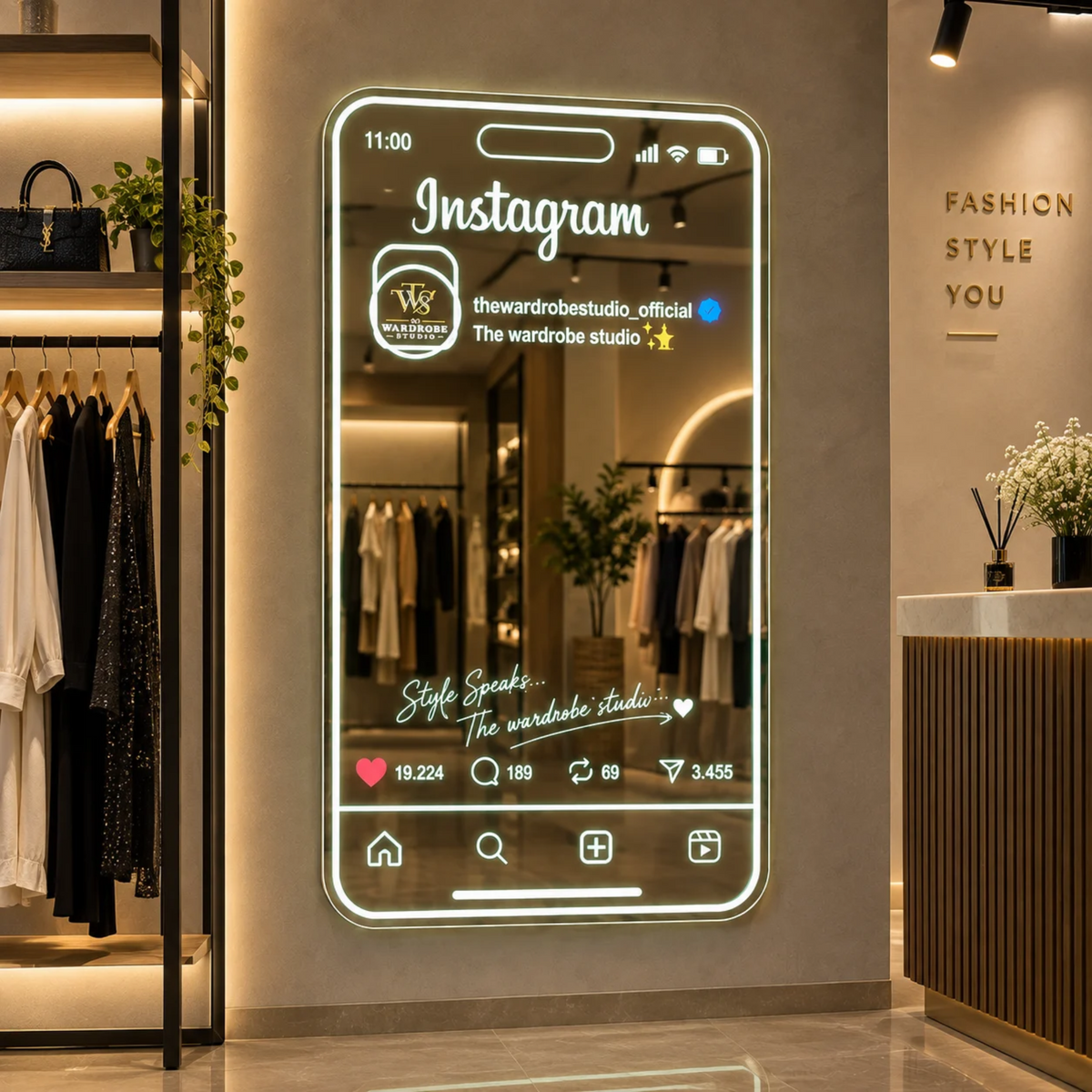 Smartphone- Instagram Design LED Wall Mirror – Living Space , Studio
