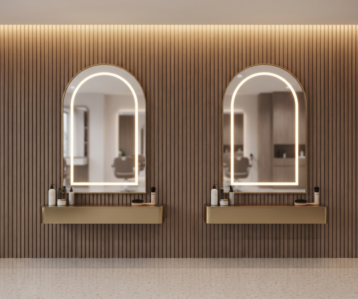 Arch Framed LED Wall Mirror with Metallic Gold Finish