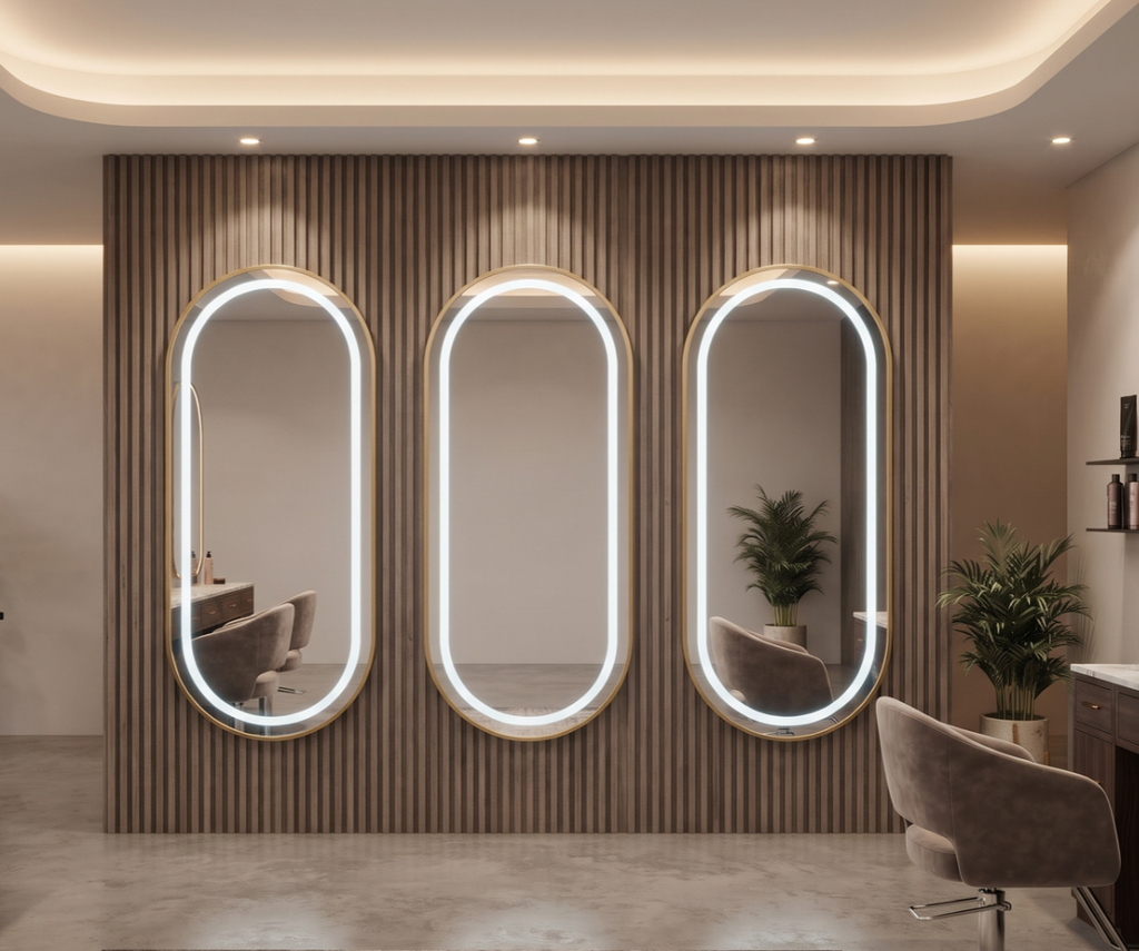 Modern Capsule LED Framed Wall Mirror with Gold Finish