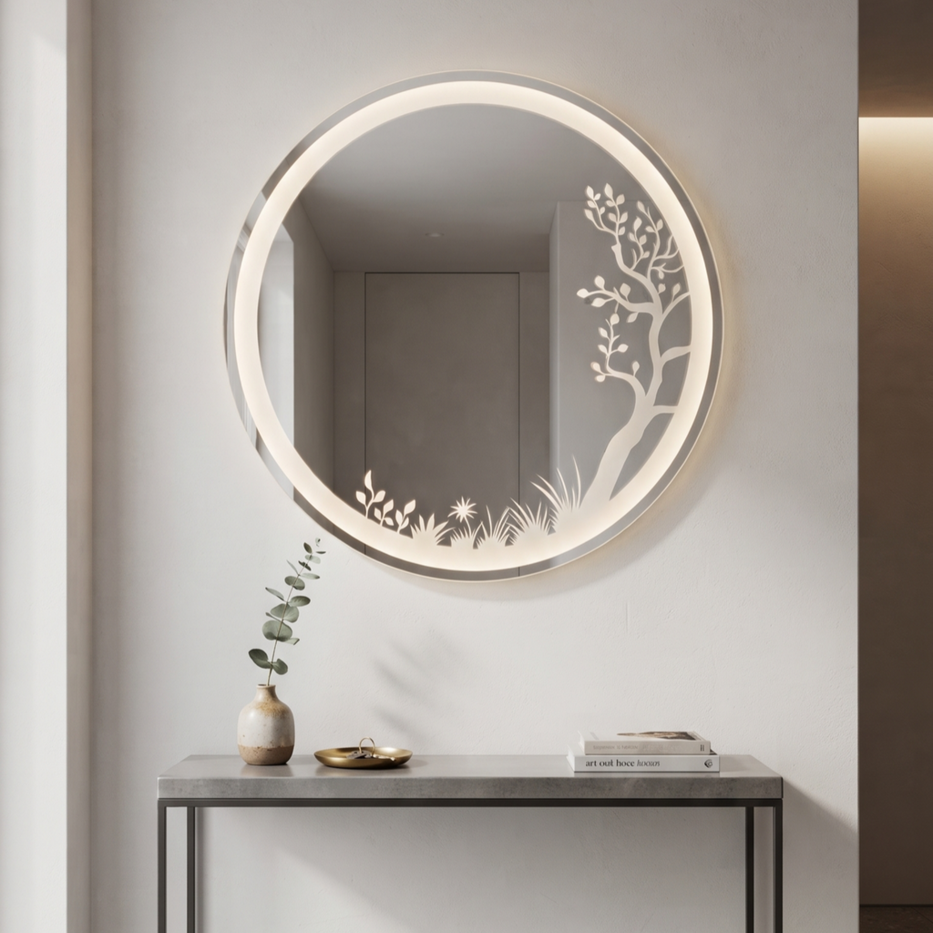 Modern Round Frameless LED Wall Mirror with Nature-Inspired Etched Illumination | Decorative Vanity & Bathroom Mirro