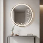 Modern Round Frameless LED Wall Mirror with Nature-Inspired Etched Illumination | Decorative Vanity & Bathroom Mirro
