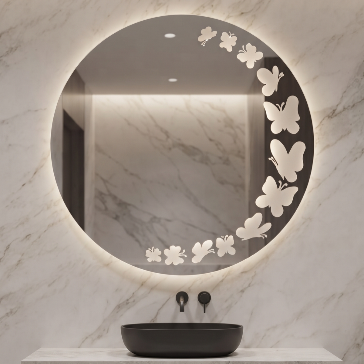 Circular Frameless LED Wall Mirror with Butterfly Illumination Pattern