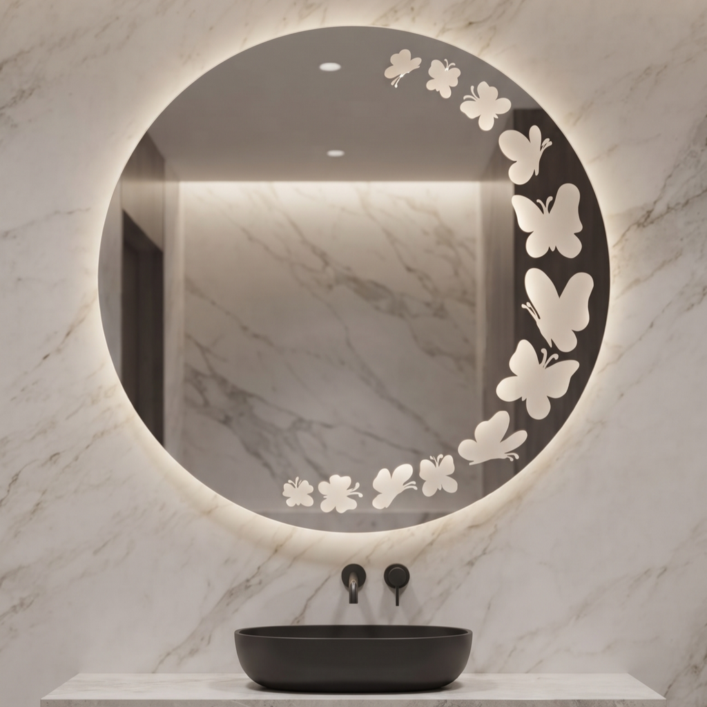 Circular Frameless LED Wall Mirror with Butterfly Illumination Pattern