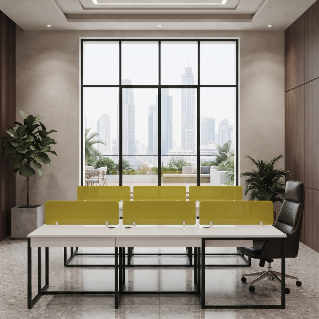 Modern Office Workstation with Yellow Glass Partition