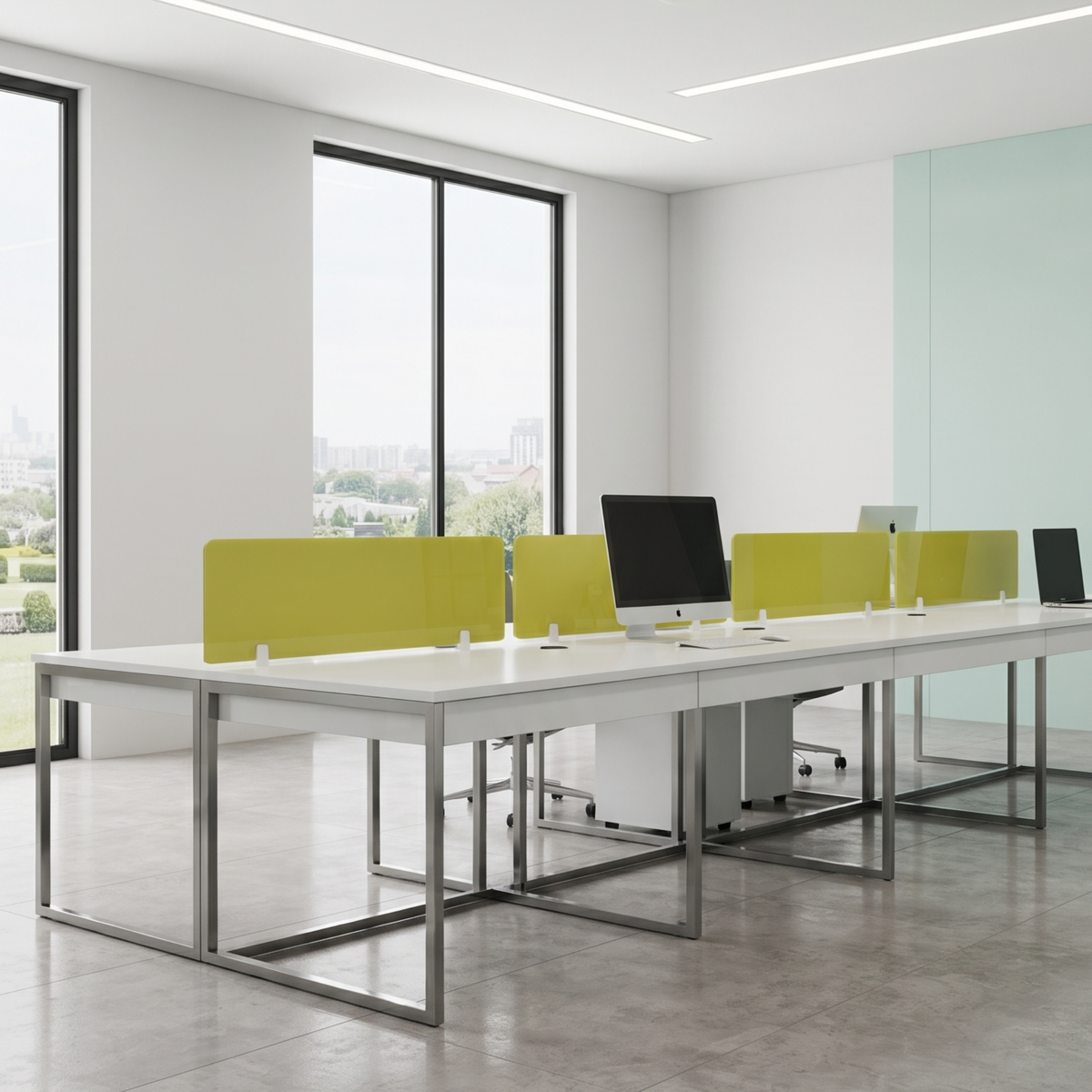 Modern Office Workstation with Yellow Glass Partition