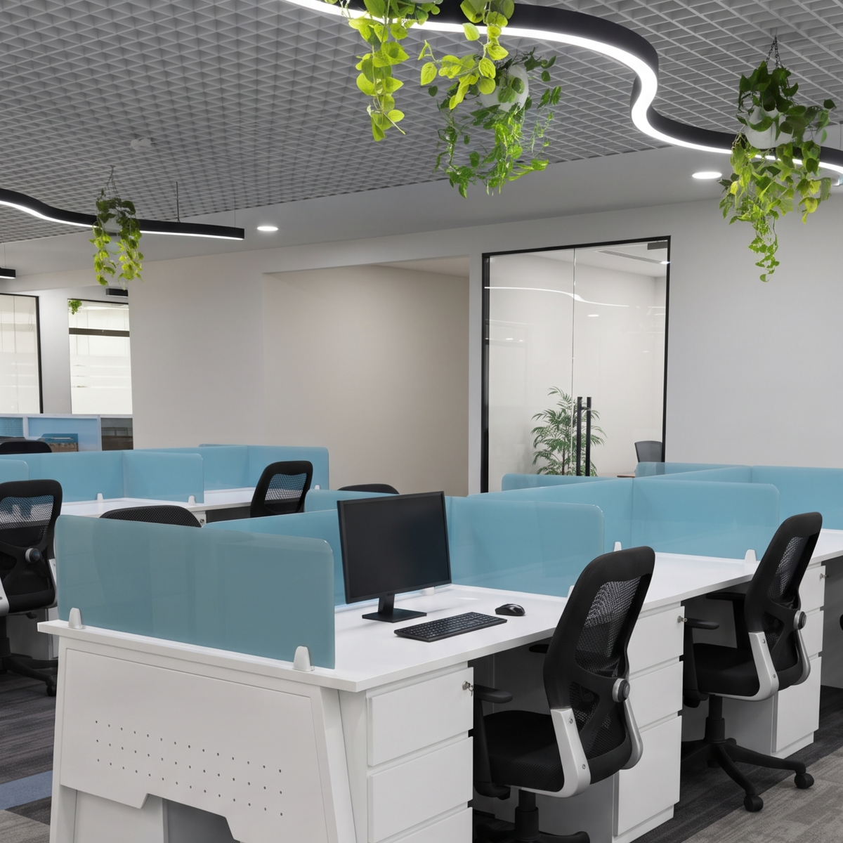 Blue Glass Office Desk Partition for Workstations