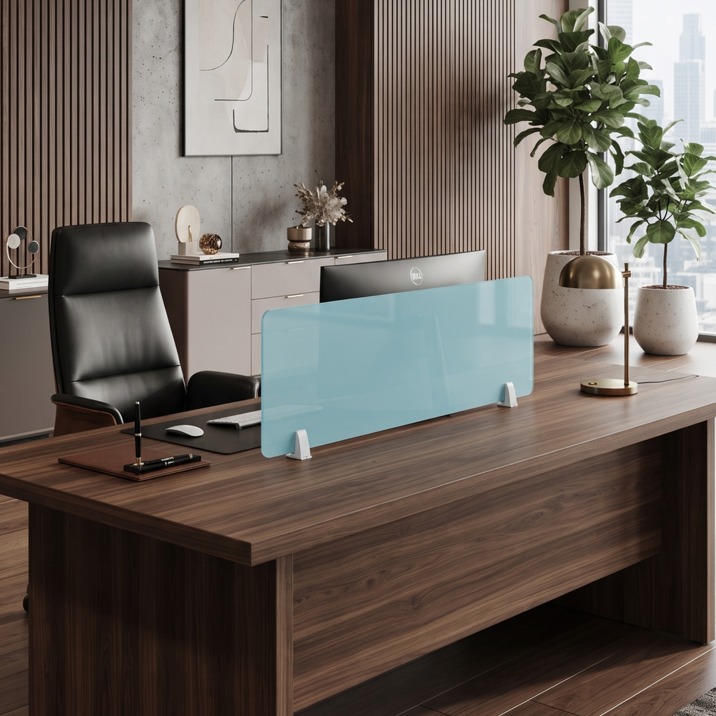 Blue Glass Office Desk Partition for Workstations