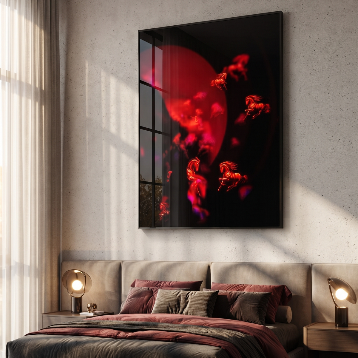 Red Glowing Horses Glass Print Wall Art