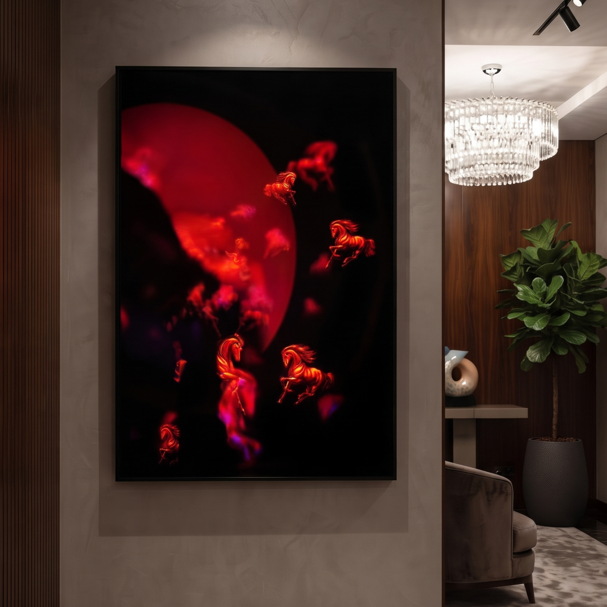Red Glowing Horses Glass Print Wall Art