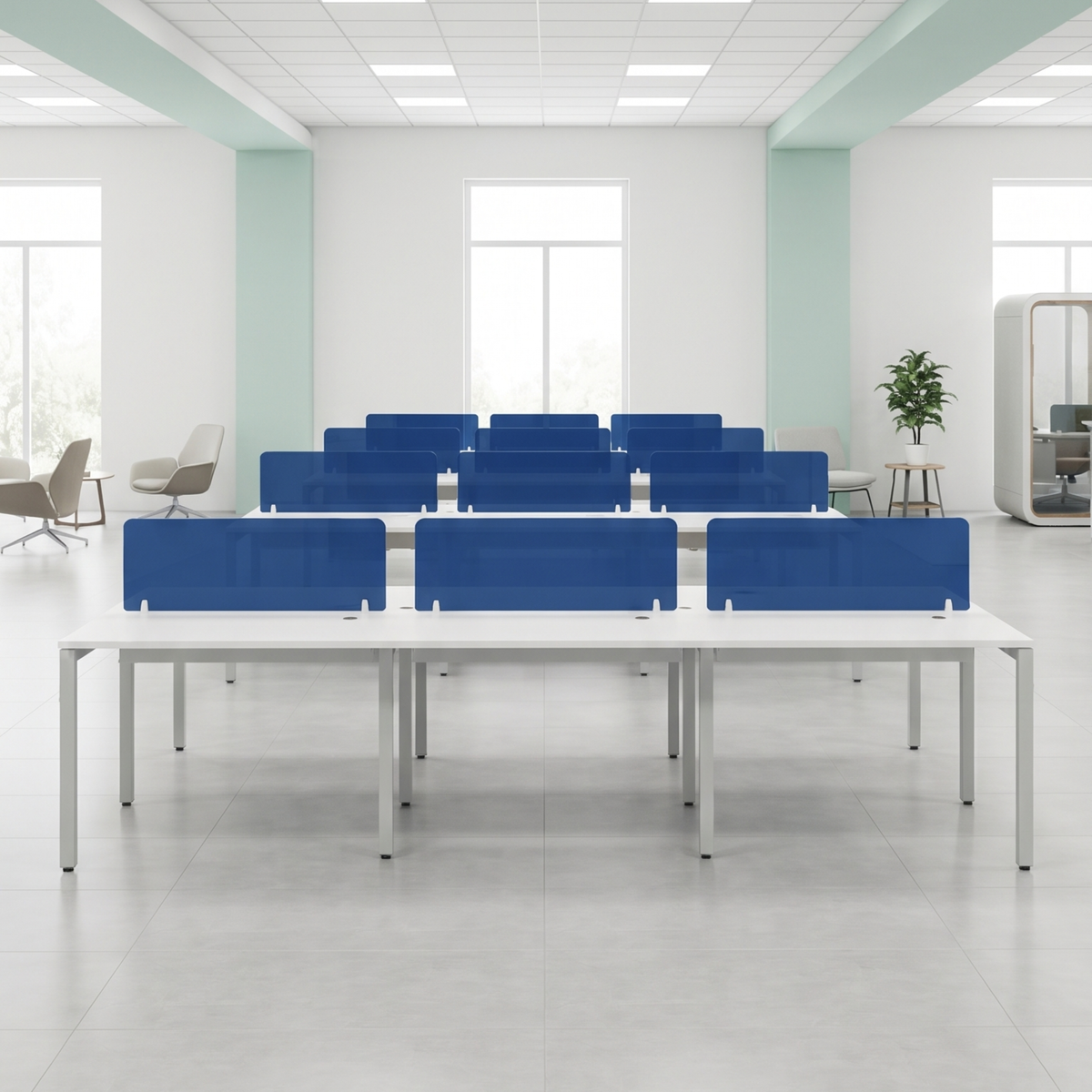 Modern Modular Office Workstation with Blue Glass Partitions