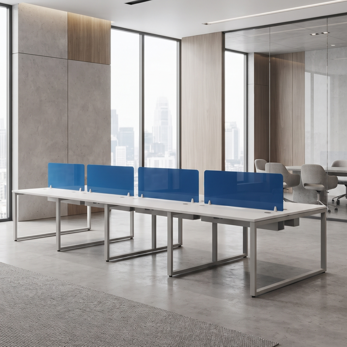 Modern Modular Office Workstation with Blue Glass Partitions