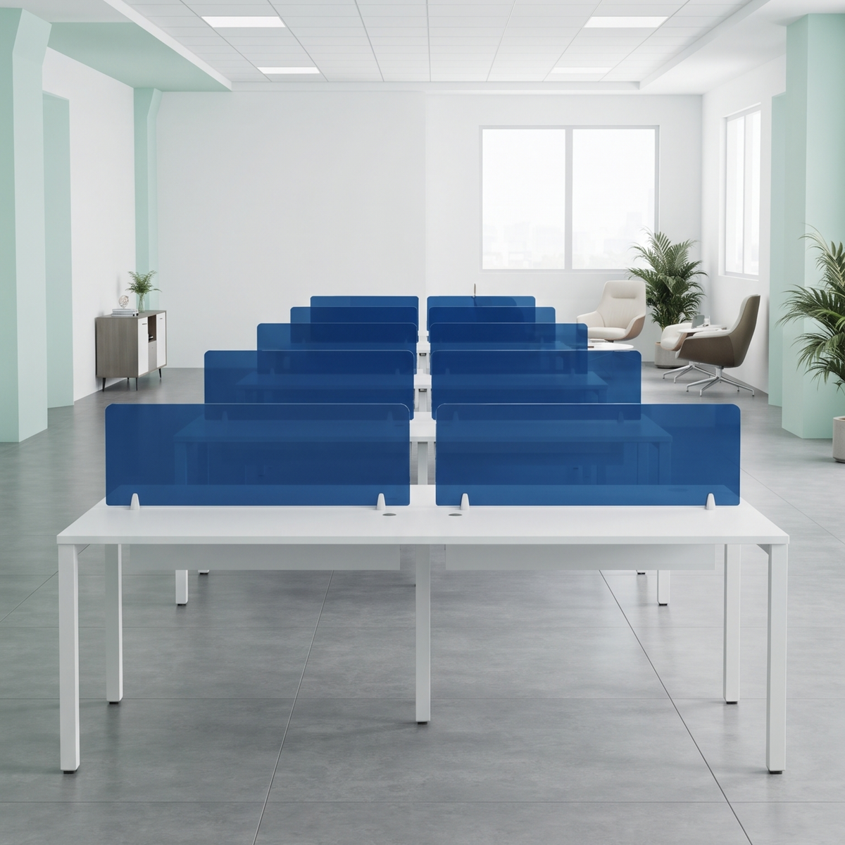 Modern Modular Office Workstation with Blue Glass Partitions