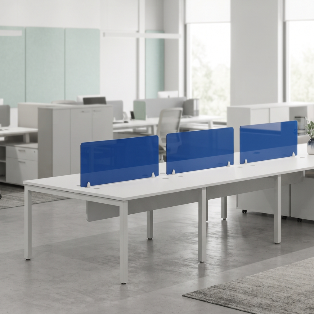 Modern Modular Office Workstation with Blue Glass Partitions