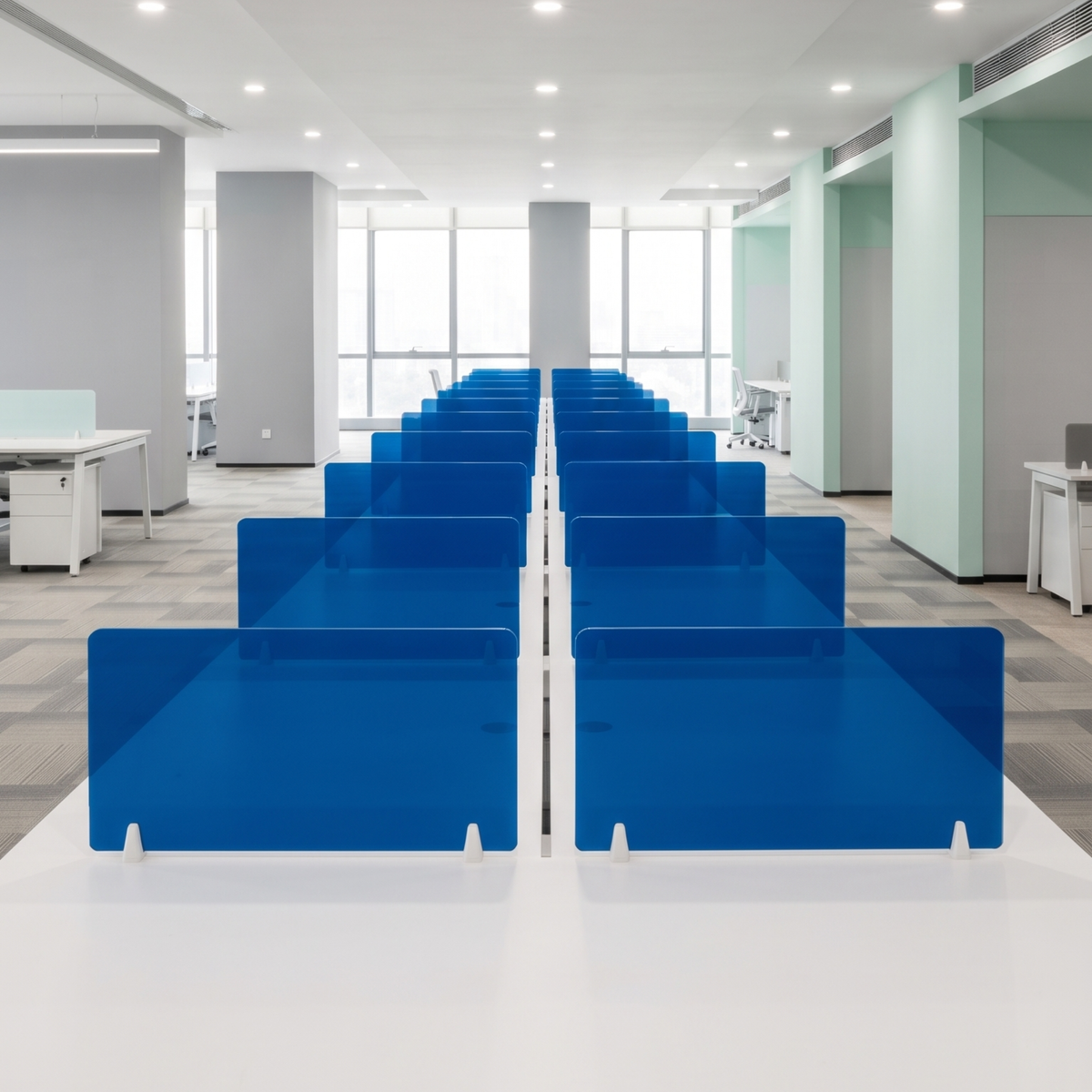 Modern Modular Office Workstation with Blue Glass Partitions