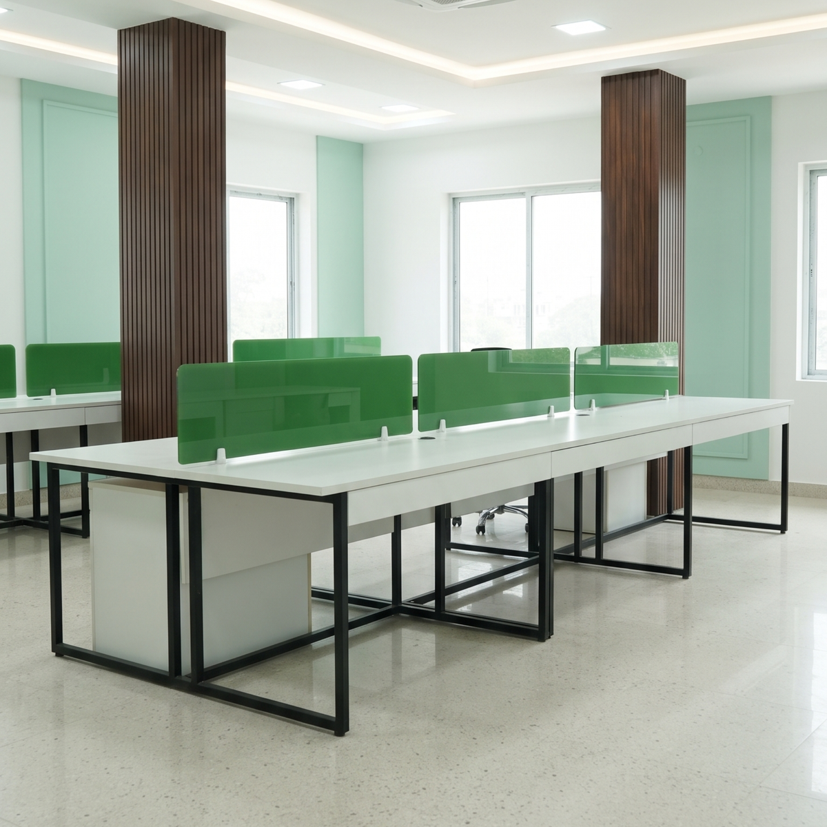 Modern Office Workstation with Green Partition Glass